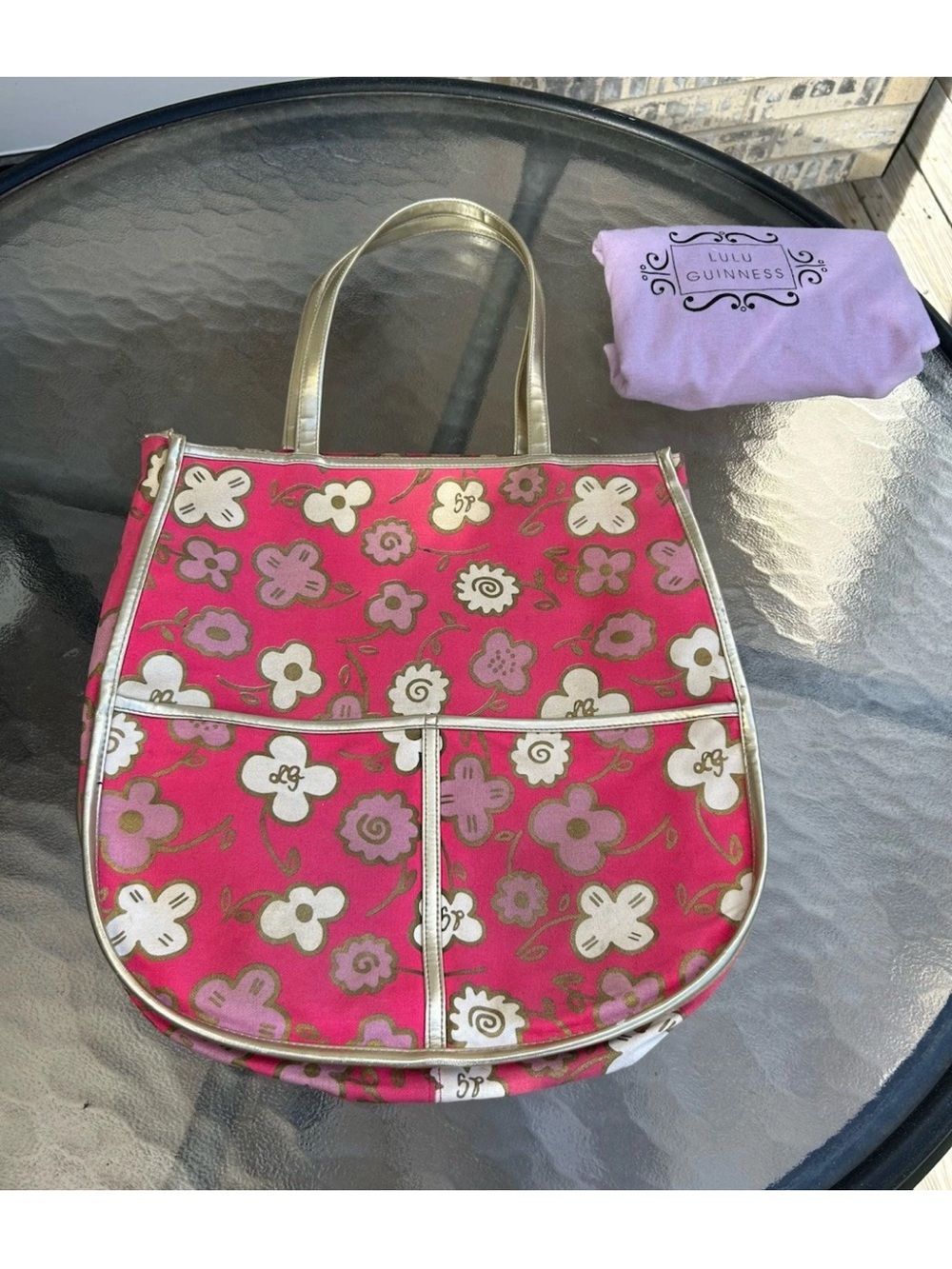 Lulu Guinness Y2K Pink Floral Canvas Tote Shoulder Bag Gold Trim Dust Bag
